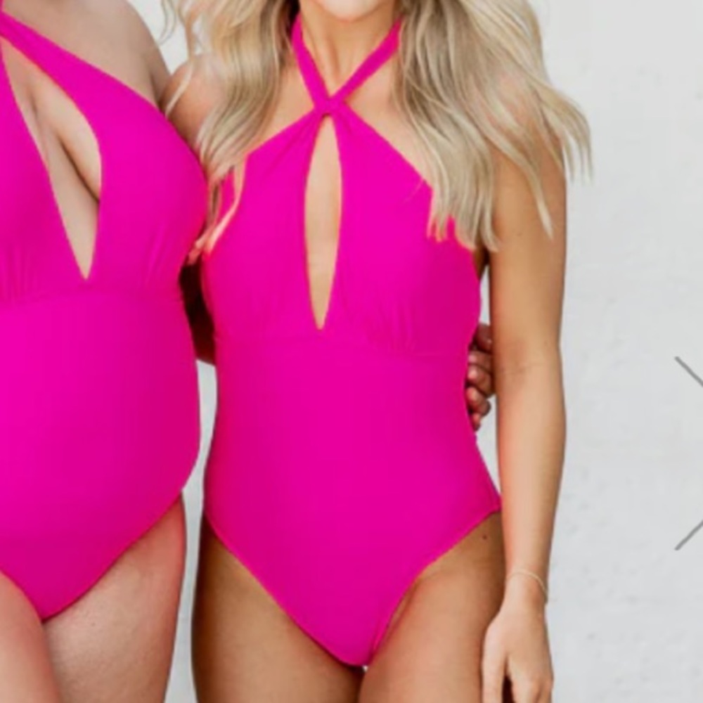 Pink Lily Summertime Fine Hot Pink Halter Key Hole One Piece Swimsuit Sz XS